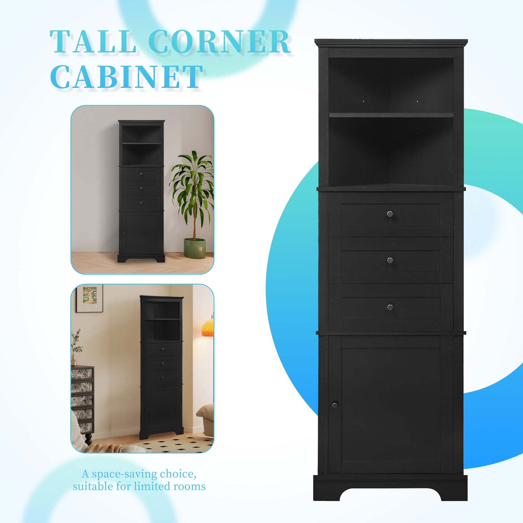 Euroco Durable Corner Cabinet with Adjustable Shelves, Heavy-Duty Metal Handles, and Safety Drawer Stoppers – Stylish, Space-Saving Storage Solution for Bathrooms, Kitchens, and More
