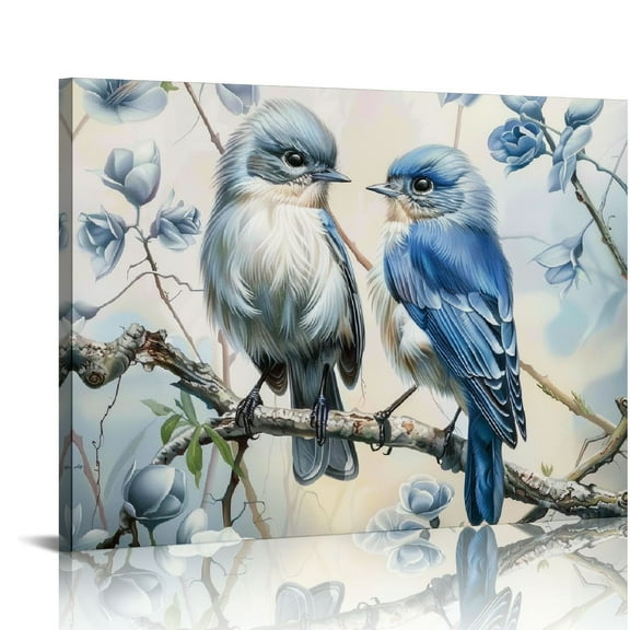 BCIIG Birds Canvas Wall Art Blue Birds Painting Prints Love Birds Art Tree Branches with Flowers Bird Picture for Bathroom Home Decor  20x16in