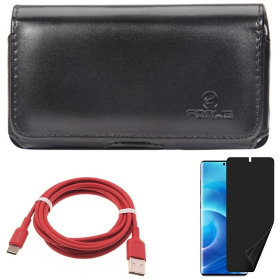 Case Belt Clip w Privacy Screen Protector w 6ft USB-C Cable for Samsung Galaxy S20 - Leather Swivel, TPU Film [NOT GLASS], Red Charger Cord D2N fits Samsung Galaxy S20 Model