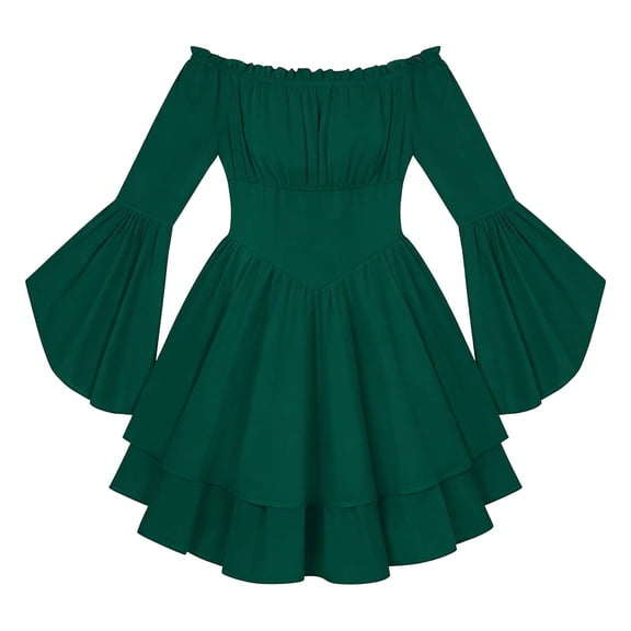 Elegant Dresses for Women Boat Neck Long Sleeve Solid Chiffon Ruffle Detail Flowy Casual Midi Dress Dark Green L