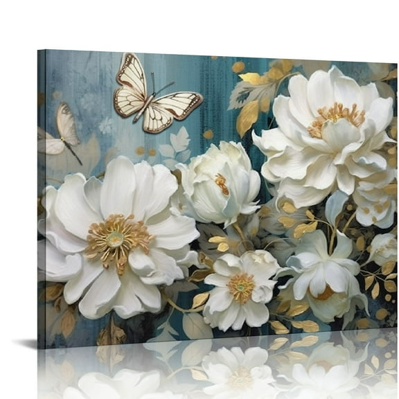 COMIO Flowers Canvas Wall Art White Elegant Modern Picture Gold Foil Rustic Painting Colorful Turquoise Floral Large Teal Artwork for Living Room Bedroom Bathroom Dining Room Home Office