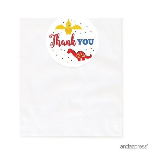 Birthday DIY Party Favors Kit with Thank You Label and White Favor Bags, Red Blue and Yellow Dinosaur Party, 24-Pack