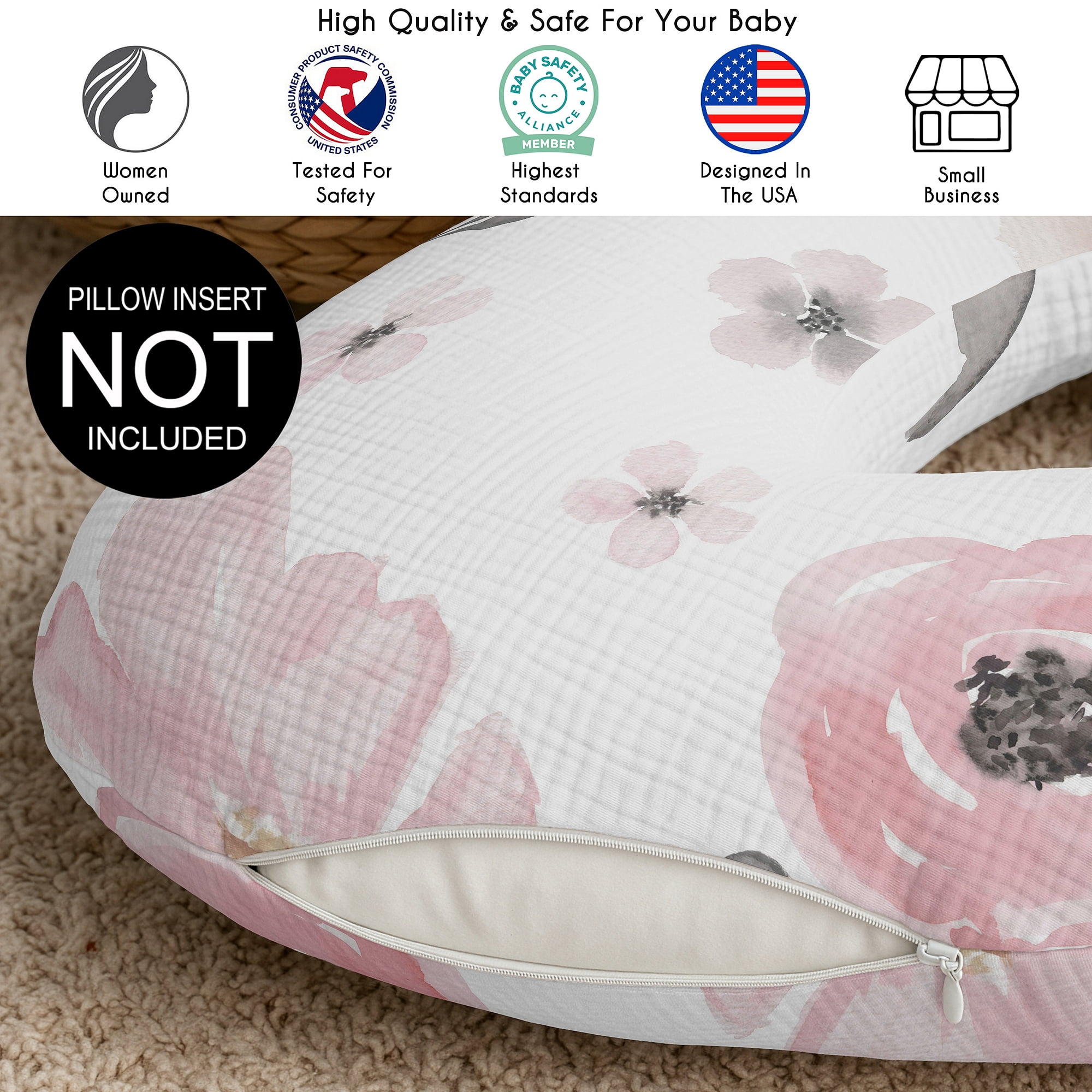 Sweet Jojo Designs Watercolor Floral Pink and Grey Girl Muslin 100% Cotton Nursing Pillow Cover