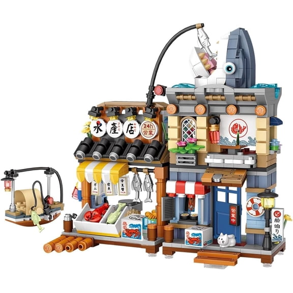 Japanese City Street View Seafood Store Mini Building Blocks Set 790 pcs, Aquatic Products Shop MOC Creative House, Simulation Architecture Toy