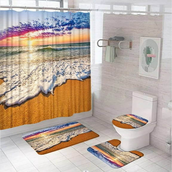 Beach Ocean Palm Tree Bathroom Sets Shower Curtain Rug Bath Mats Toilet Covers Tropical Sea Coast Hawaiian Scenery Bath Curtains