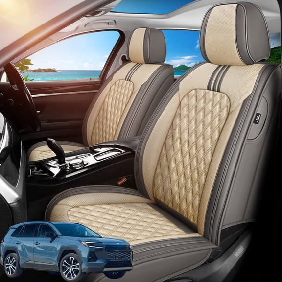 Front Seat Covers Fit for Toyota RAV4 2001-2026, Premium Faux Leather Waterproof Breathable Anti‑Slip Seat Protectors, Gray&Beige