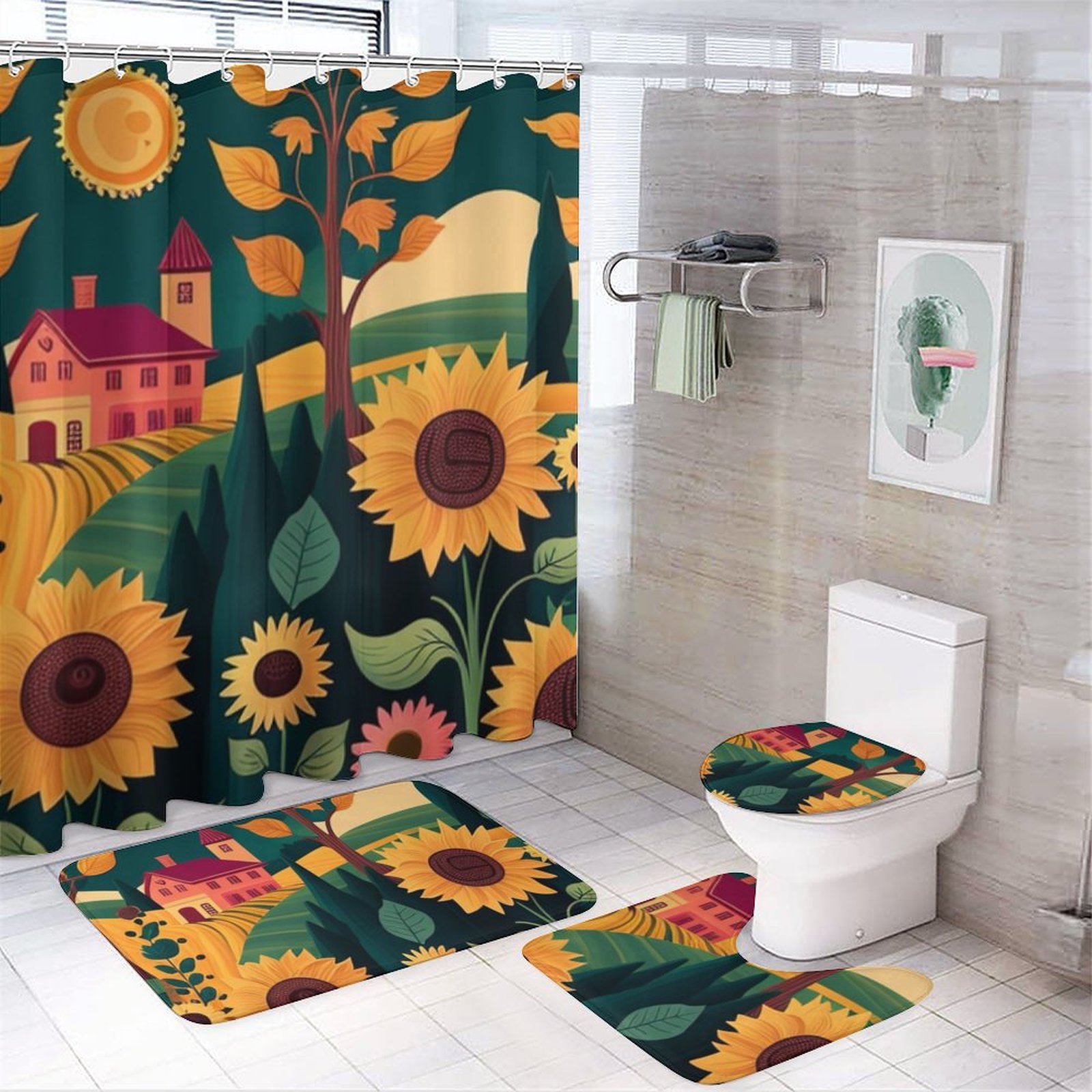 Four Piece Bathroom Set Complete Shower Curtain & Rug Set, Waterproof