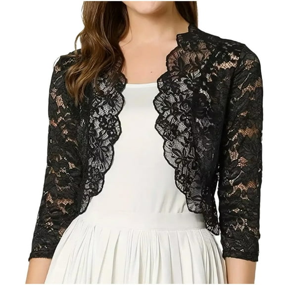 APEXFWDT Women's Lace Cardigan Open Front Short Shrug Elegant Sheer Floral Cropped Bolero Tops Ruffle Collar 3/4 Sleeve Cardigan