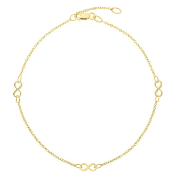 JewelStop 10K Yellow Gold Polished Finish 1mm Infinity Anklet with Lobster Clasp - 10" Includes 1" extender.