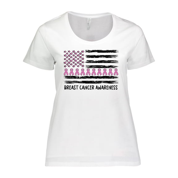 Inktastic Breast Cancer Awareness Pink Ribbons and Flag Women's Plus Size T-Shirt