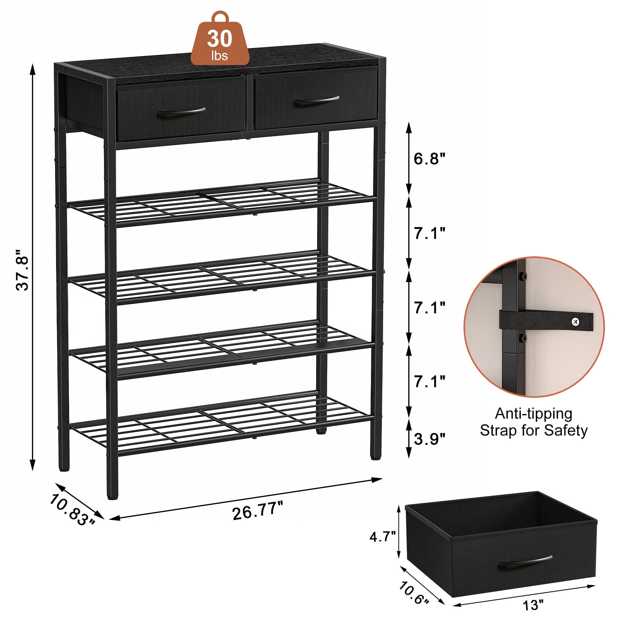 BGTREND 5-Tier Shoe Rack Organizer with Wooden Top and 2 Fabric Drawers, Shoe Stand Shelf for Entryway Hallway, Black