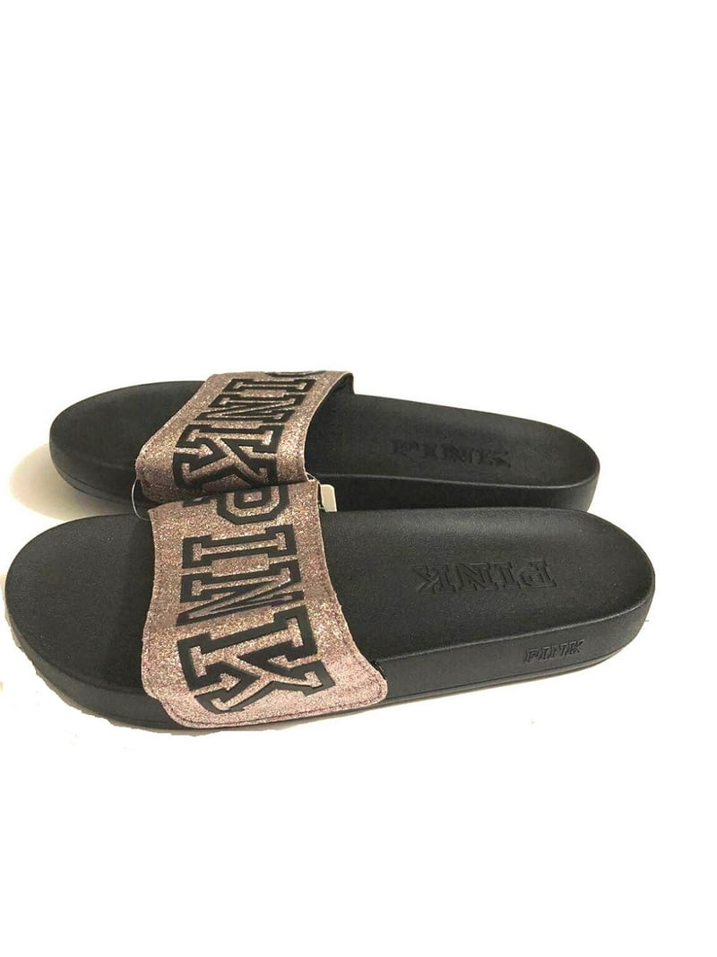 Victoria's Secret Pink Glitter Logo Slides, Single Strap, Open Toe