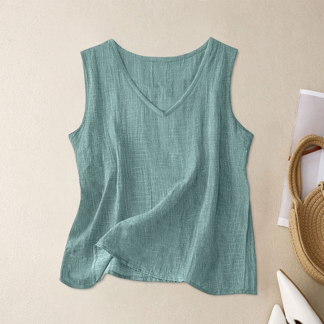Craaazy Débardeur Femme Uni Effet Lin Col Rond Sans Manches Fente Latérale Blouse Décontractée pour l'Été Cadeaux
