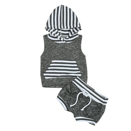 

YWDJ 0-24M Boys 2 Piece Outfit Set Newborn Infant Fashion Summer Hodded Stripe Tops+Shorts Outfits Set Gray 90