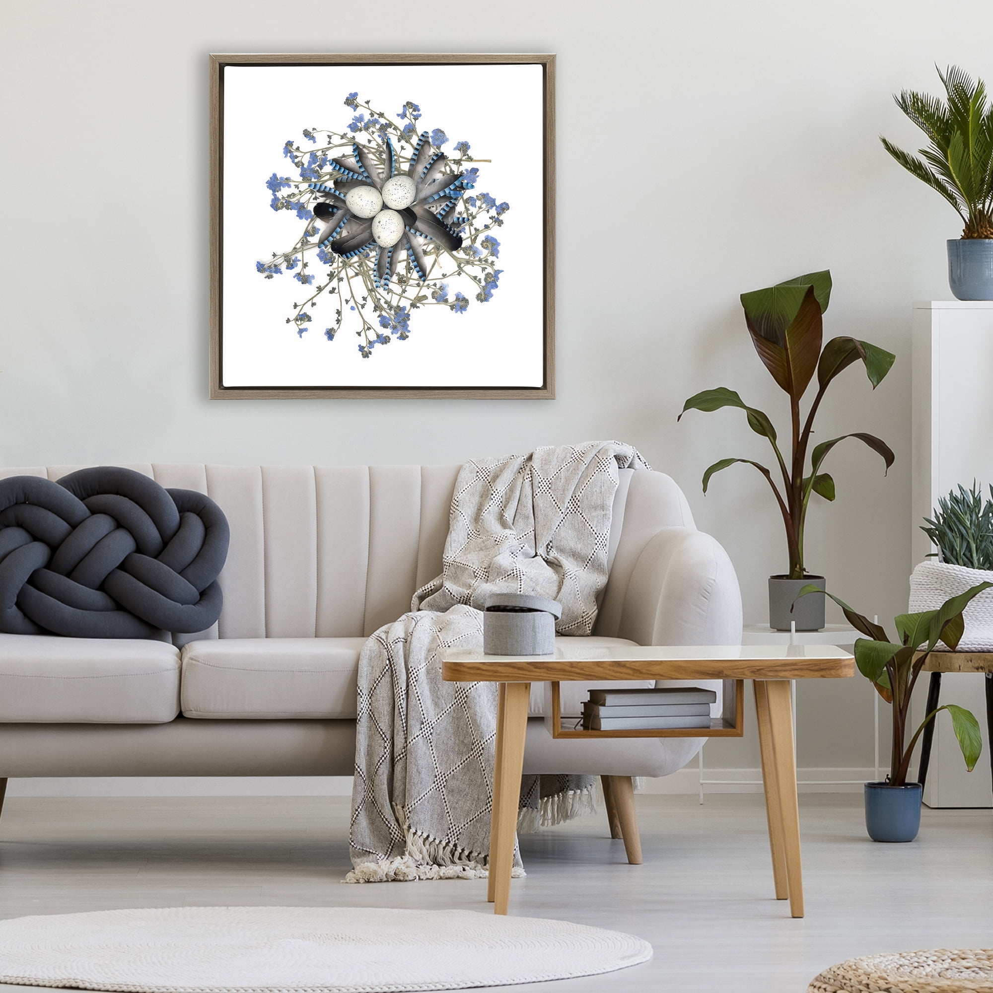 Stupell Industries Feathered Nest & Blue Florals Brown Framed Floater Canvas Wall Art, design by Beth Adoette