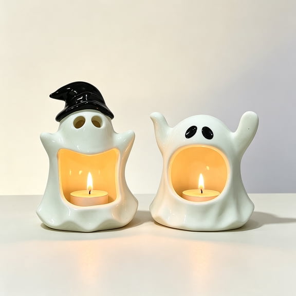 Mskk 5.1" Big-Mouthed Mischievous Ghost Tealight Candle Holders, Ghost Hollow Candle Cup Halloween Ghost Holder for Table Mantel Fall Decoration
