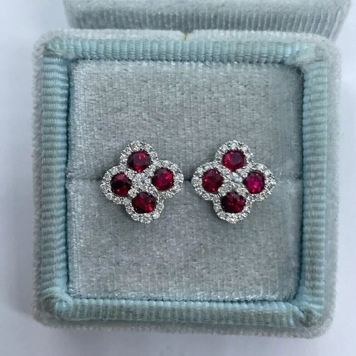 2CT Round Cut Simulated Ruby Flower Stud Earrings, 14K White Gold Plated Sterling Silver for Women