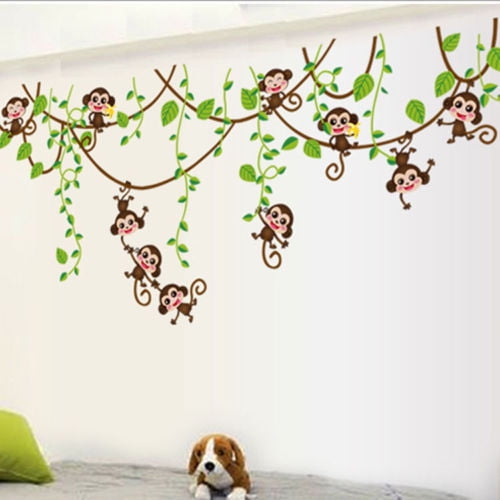 TOARTi Monkeys on Vine Nursery Wall Stickers,Monkey Climbing Tree Wall Art Decals Nursery Jungle Vinyl Art Stickers for Kids Room Baby Bedroom Wall Decor,Children Wall Stickers for Bedrooms 71 pcs
