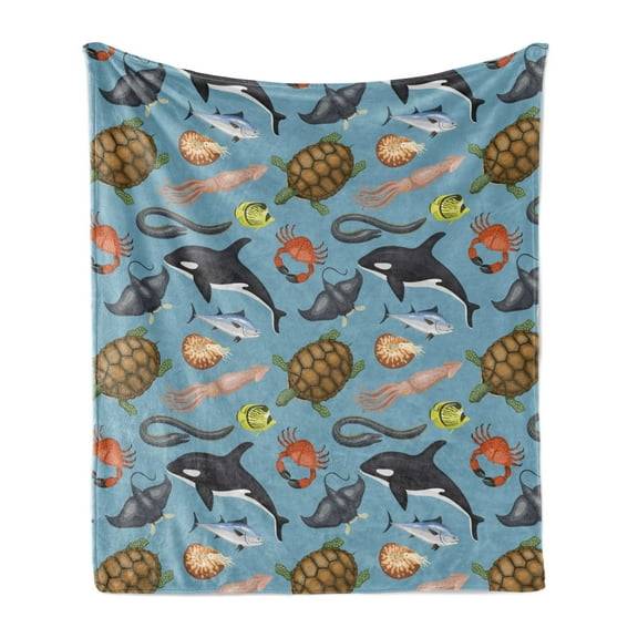 Turtle Soft Flannel Fleece Blanket, Illustration of Sea Animals Underwater Creatures in Cartoon Style Design, Cozy Plush for Indoor and Outdoor Use, 70" x 90", Blue Grey Multicolor, by Ambesonne