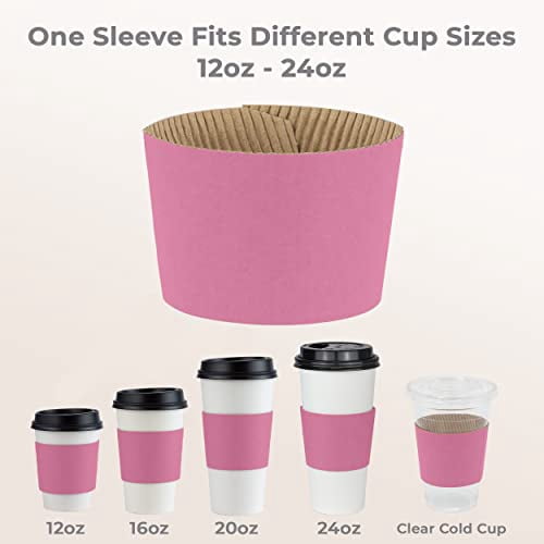 FMP Brands [100 Pack] Pink Coffee Cup Sleeves Disposable for Hot Drinks, Durable Corrugated Cardboard Cup Sleeves for 12-24 oz Cups, Beverage Insulator and Hand Protection for Hot & Cold Drinks