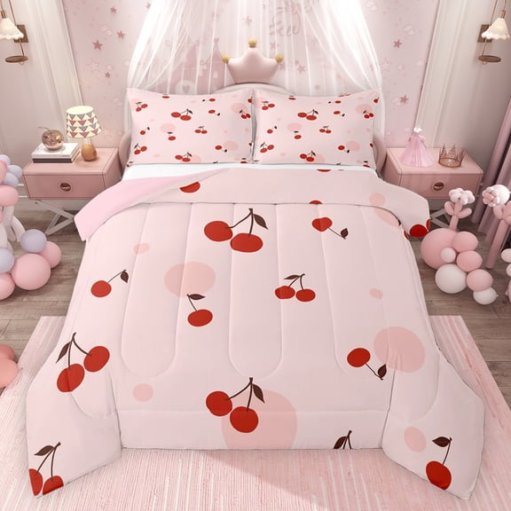 Feelyou Kawaii Cherry Fruit Full Size Comforter Sets for Kid, Girly Pink Polkadots Cycle Bedding Comforter Set, Cute Cartoon Theme Reversible Bedding Sets, Luxury Bedroom Decor, 3 Pieces