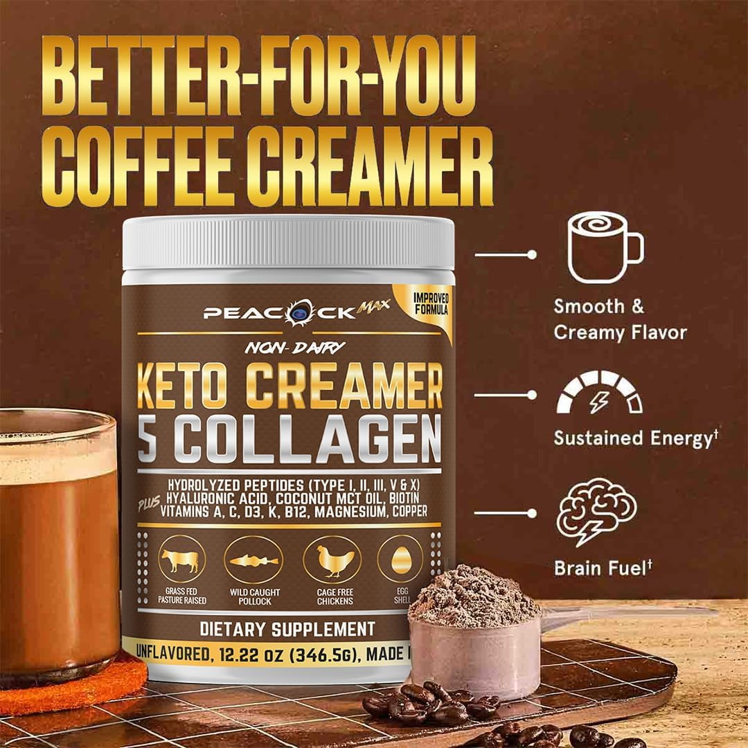 Peacock Max Keto Collagen Coffee Creamer – 12.2 oz Unflavored Protein with MCT Oil, B12, Magnesium