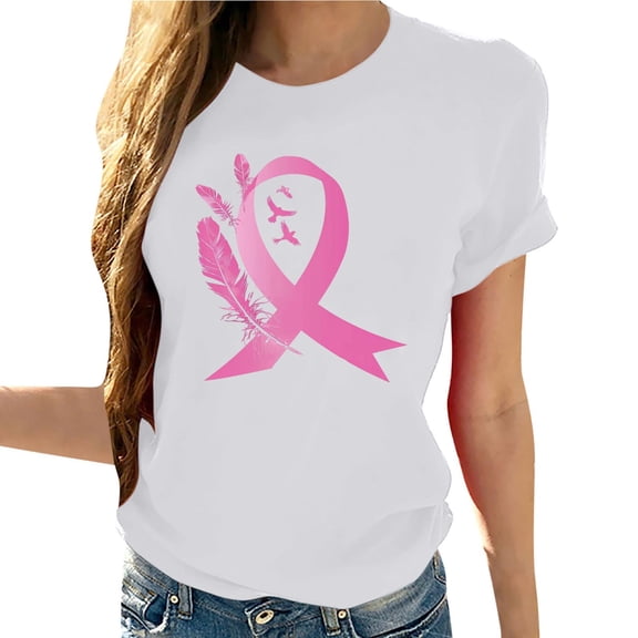 Sexlip Breast Cancer Shirts for Women Pink Ribbon Shirt Cancer Awareness T-Shirt Crew Neck Casual Short Sleeve Tops Tees White XL
