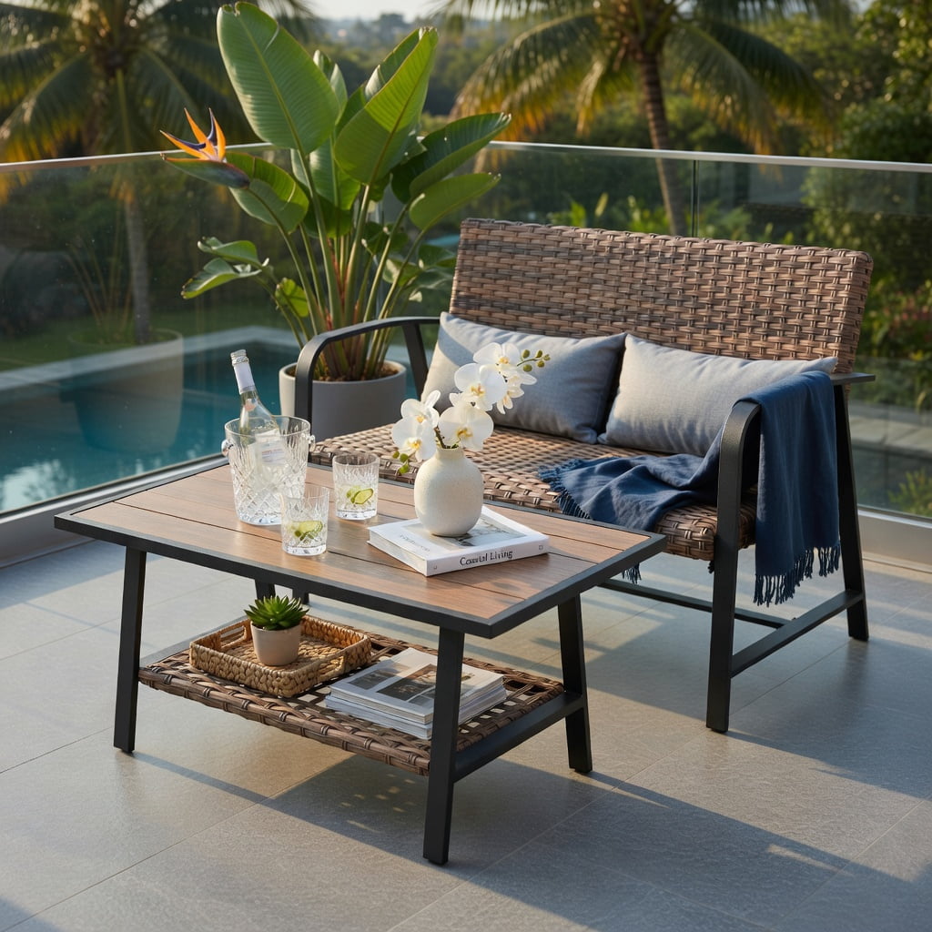 Hommoo 2-Piece Outdoor Rattan Coffee Table & Loveseat Set with Cushions, Storage Shelf, and Lumbar Pillows, Weather-Resistant PE Wicker Patio Furniture for Backyard, Poolside & Garden, Brown