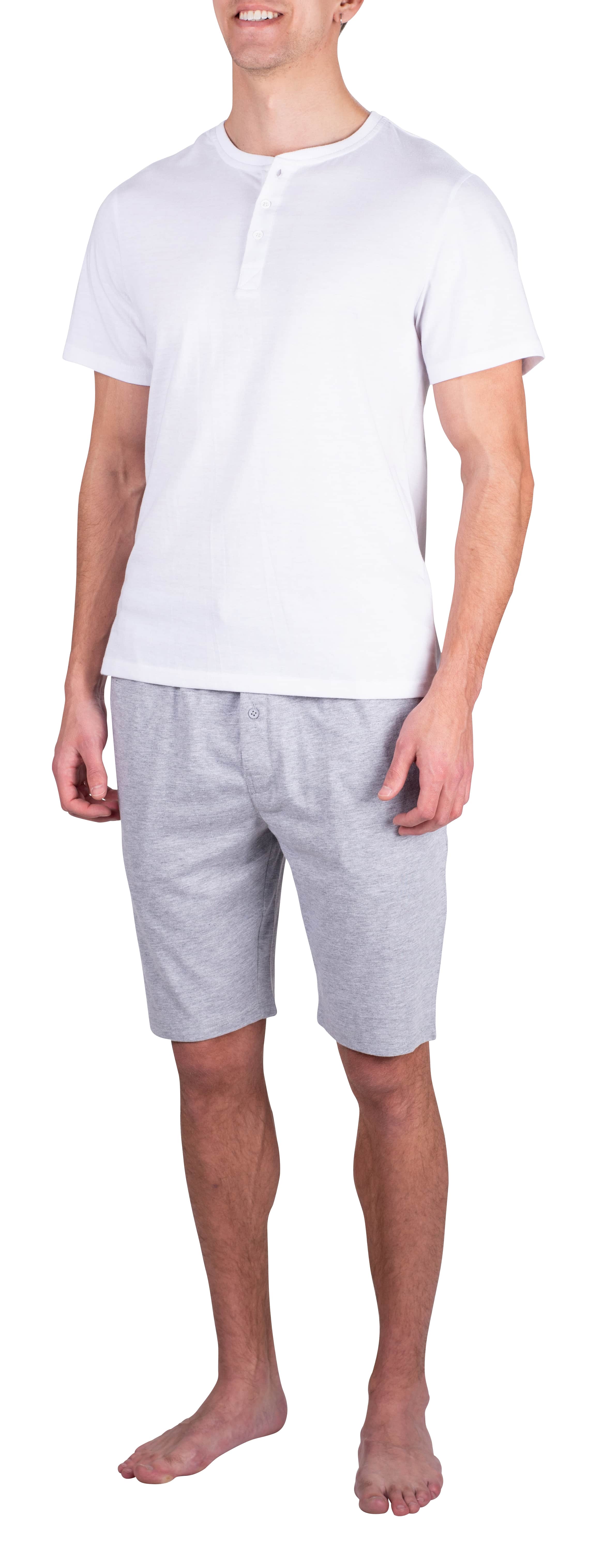 SLEEPHERO Mens Short Sleeve Pajama Set 2 Piece Mens Short Set Sleepwear PJs for Men White w/ Heather Grey Medium