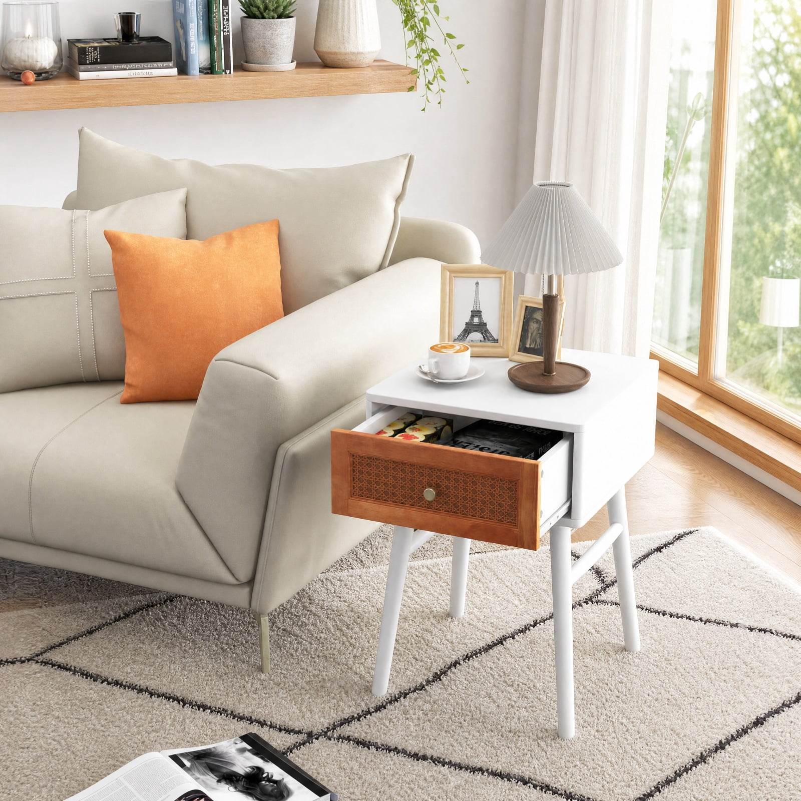 Furnibear 1-Drawer Modern Bedside Table with Solid Wood Legs for Bedroom Living Room Bedside Sofa Side Small Space, White