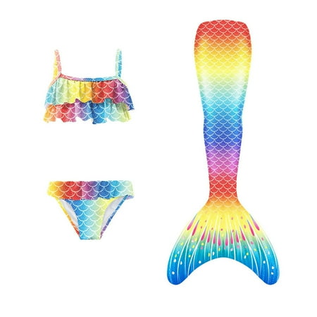 Toimothcn Swimsuit For Girls Sleeveless Casual Colorful Fish Scale Printed 3 Piece Tail Bikini Set Quickly Dry Cover Up Swimwear 10-11 Years