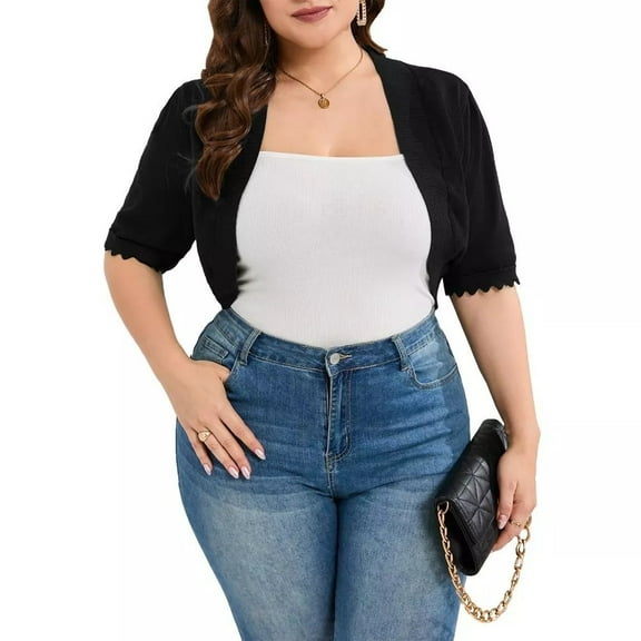 Yesfashion Plus Size Cardigan Shrug For Women Casual Short Sleeve Open Front Solid Curved Cardigan