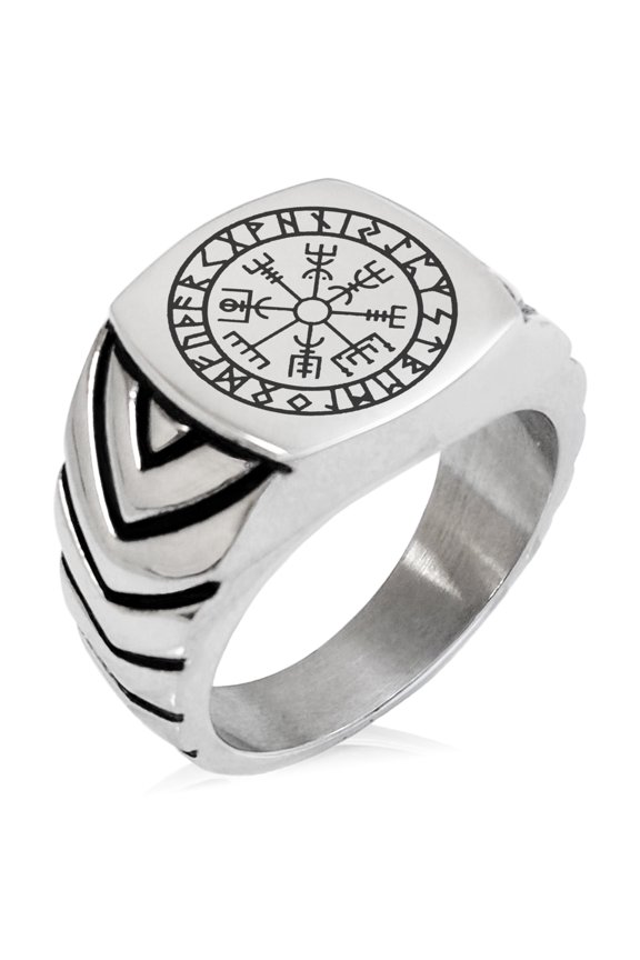 Stainless Steel Icelandic Vegvisir Viking Rune Chevron Pattern Biker Style Polished Ring