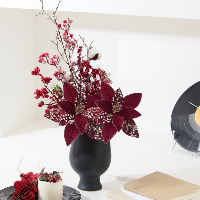 Décorations de Noël Fleurs de Noël Rouges Vase Artificiel Haut de Gamme Décoration de Vacances