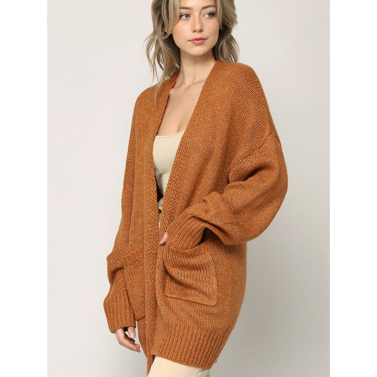 Made by Johnny Women's Kimono Long Sleeve Batwing Open Front Chunky Knit Cardigan Loose Sweater with Pockets M BROWN