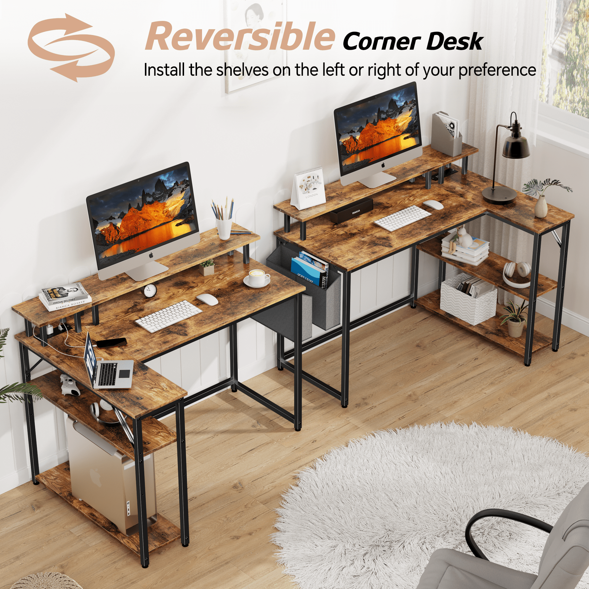 Mr IRONSTONE L-Shaped Desk with Power Outlets & Monitor Stand, 47 inch, Rustic Brown