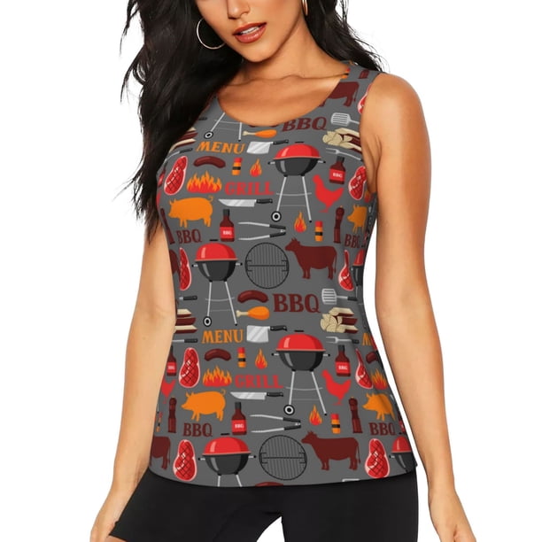 Fotbe BBQ Icons Blusas Sin Mangas para Mujer – Estilo Casual, Corte Suelto, Slim-Fit, Cuello Redondo Deportivo, Tops de Verano para Gimnasio y Yoga-Medium