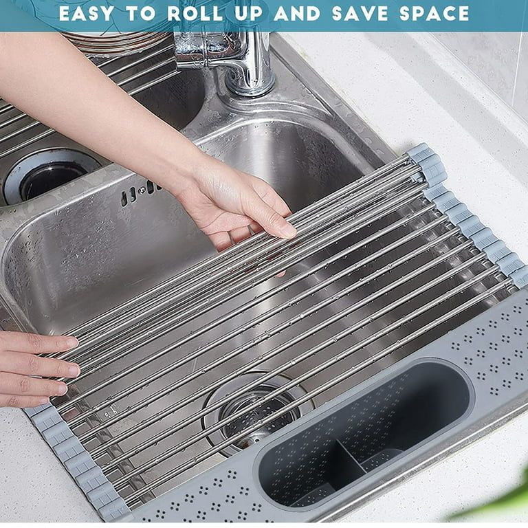  Roll Up Over The Sink Dish Drying Rack Kitchen Rolling Dish  Drainer, Foldable Sink Rack Mat Stainless Steel Wire for Kitchen Sink  Counter (17.8x11.8)