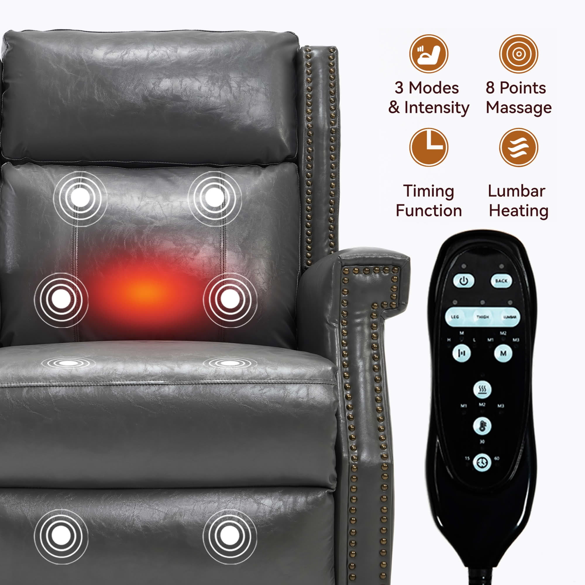 MAYEERTY Gray Faux Leather Manual Recliner Chair, 8 Nodes Massage Heat 155° 35"x38"x40" for Living Room