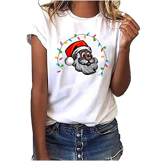 Camiseta informal con estampado de árbol de Navidad de manga corta y cuello redondo para mujer Pompotops hfajkhk124557