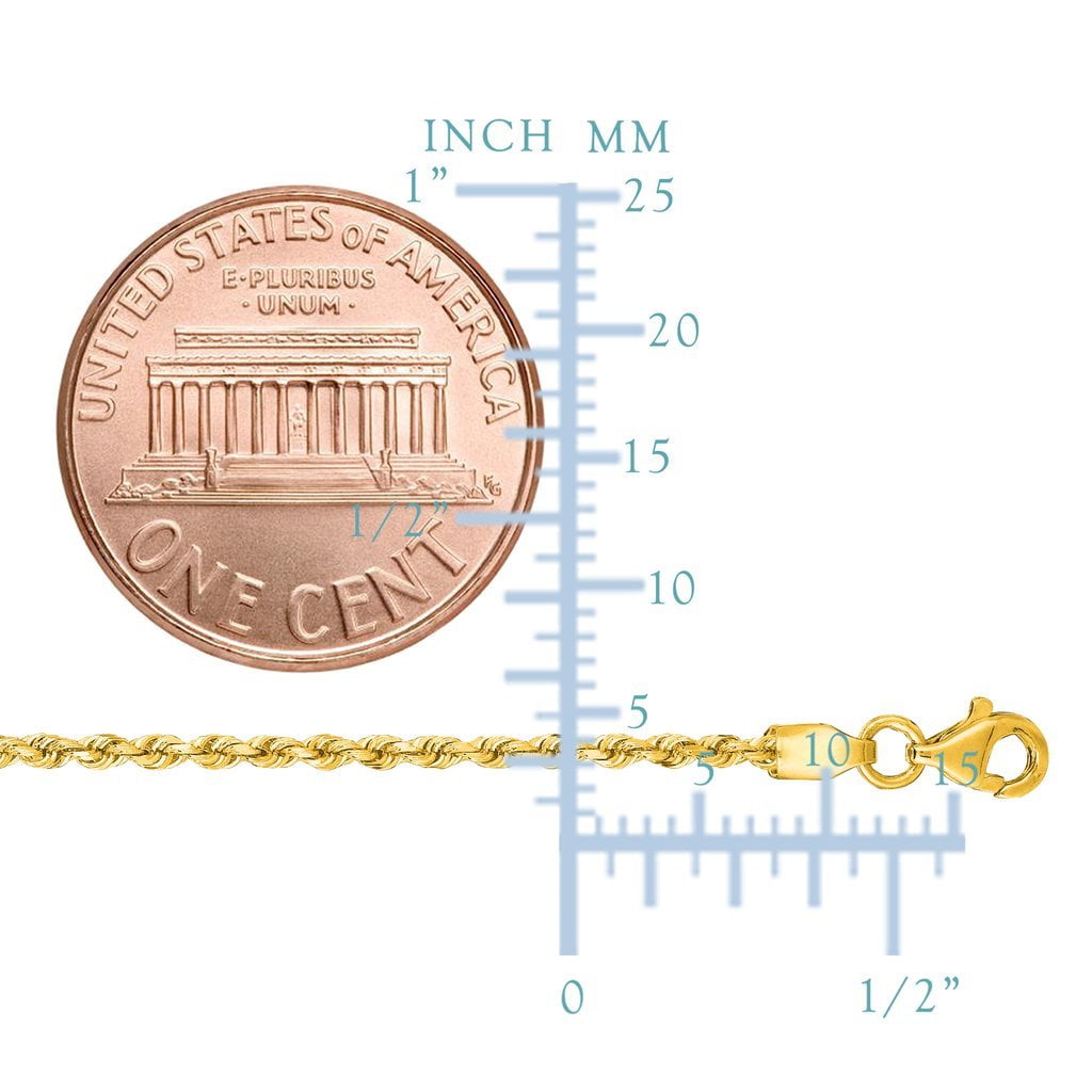 14K Yellow Gold 2.5mm Shiny Hollow Rope Chain Necklace for Pendants and Charms with Lobster-Claw Clasp (16", 18" 20" 22" or 24 inch)