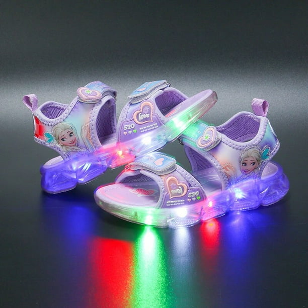 Zapatos para niños de Disney, novedad de verano, sandalias de playa de malla para niñas elsa, sandalias con luz led de moda ins frozen princess, sandalias ligeras de fondo suave, plantilla de 22 CM Gao Jinjia LED