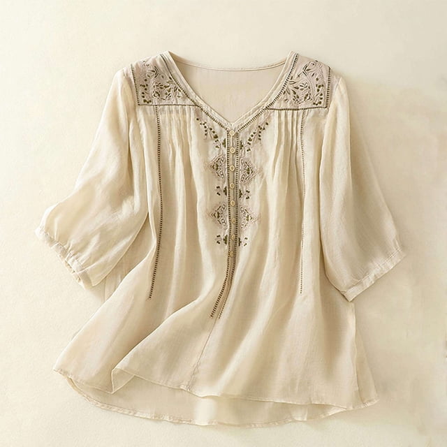 TaTaai Women's V Neck Embroidered Splicing Linen Half Sleeve Blouses Loose Slim Literary Style All Match Breathable Tops Gift