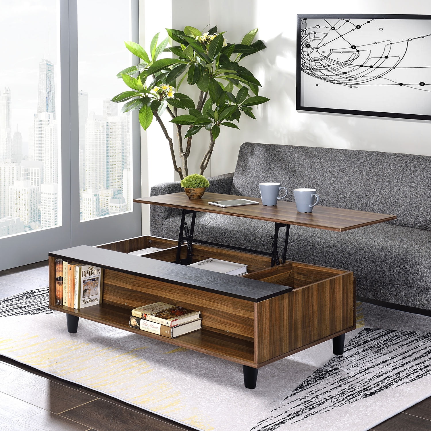 Kadyn Liftop Coffee Table with Hidden Storage Room, Wood Lifting Top Center Coffee Table, Pop-up Coffee Table with Hidden Storage Room and Bottom Shelf, Black Kadyn Liftop Coffee Table with Hidden Storage Room, Wood Lifting Top Center Coffee Table, Pop-up Coffee Table with Hidden Storage Room and Bottom Shelf, Black