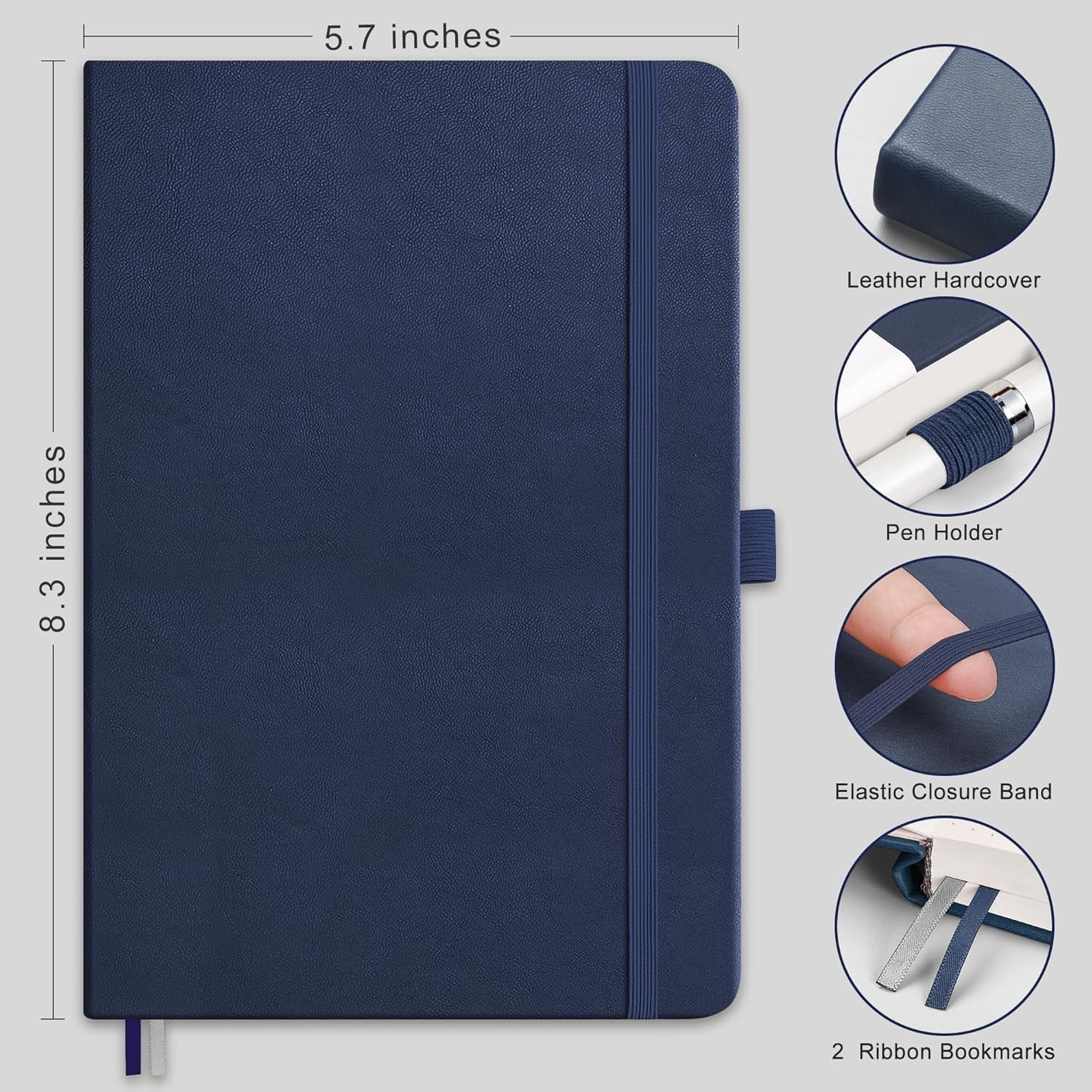 Graph Grid Paper Notebook, 2-Pack, 192 Pages per Pack, A5 Medium Size (5.7'' x 8.3''), Leather Hardcover, 100 GSM Thick Paper, for School, Students, Math, Engineering (Black & Navy Blue)