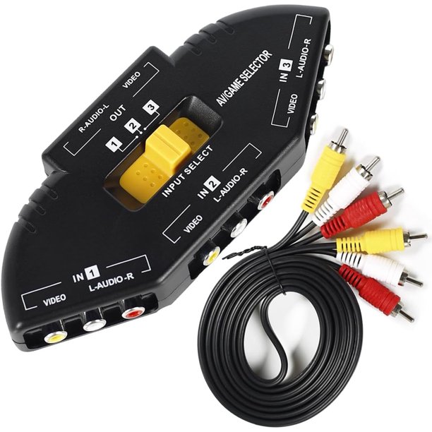 Divisor RCA con audio de 3 vías, caja de conmutación RCA de video + cable RCA para conectar 3 dispositivos de salida RCA a su televisor negro