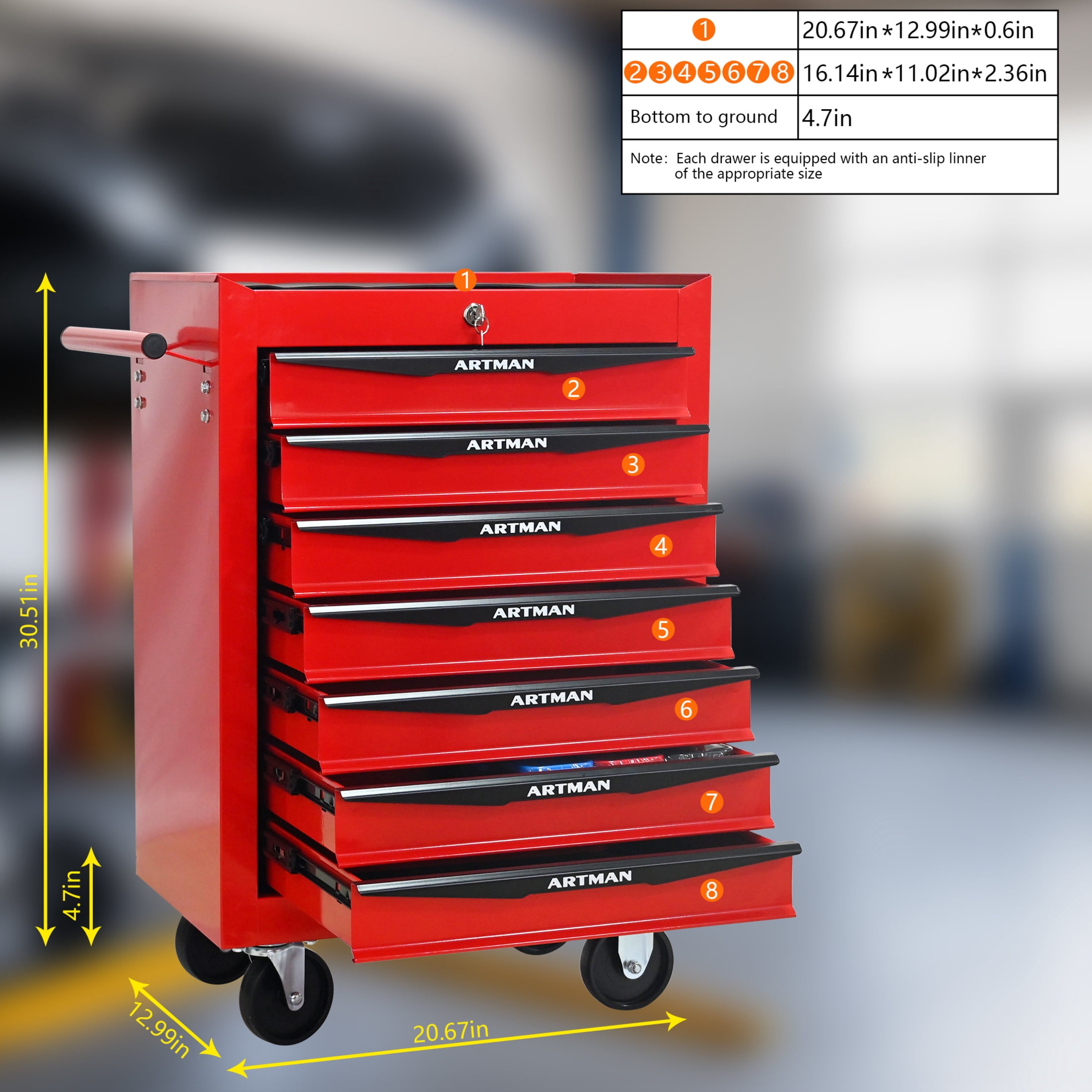 Noble House 7-Drawer Mobile Steel Tool Organizer with Key Lock, Ball Bearing Slide Storage Cabinet Box, Red