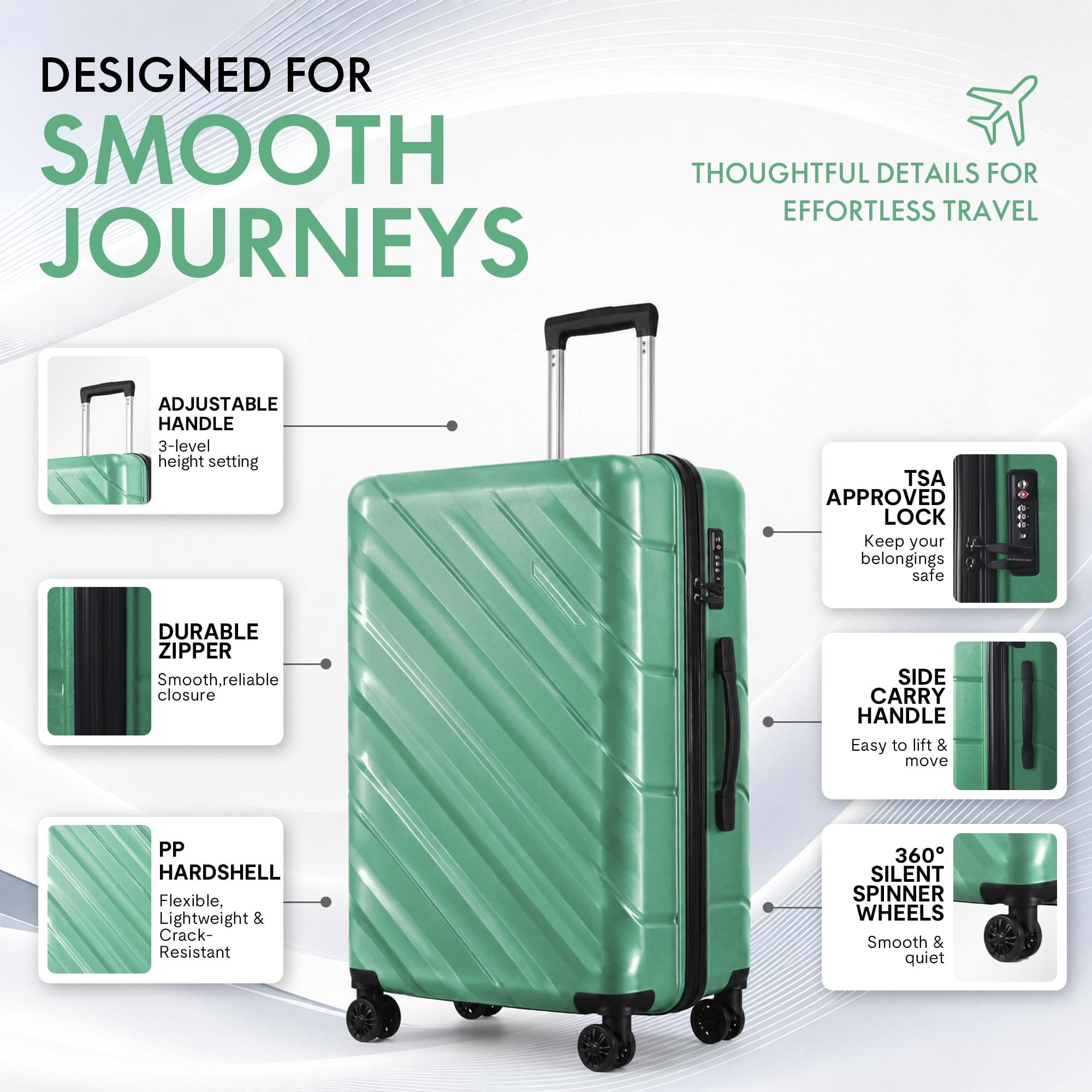 3-Piece PP Hardshell Luggage Set, Lightweight Scratch-Resistant Suitcases with Silent Spinner Wheels & TSA Lock, Jade Green