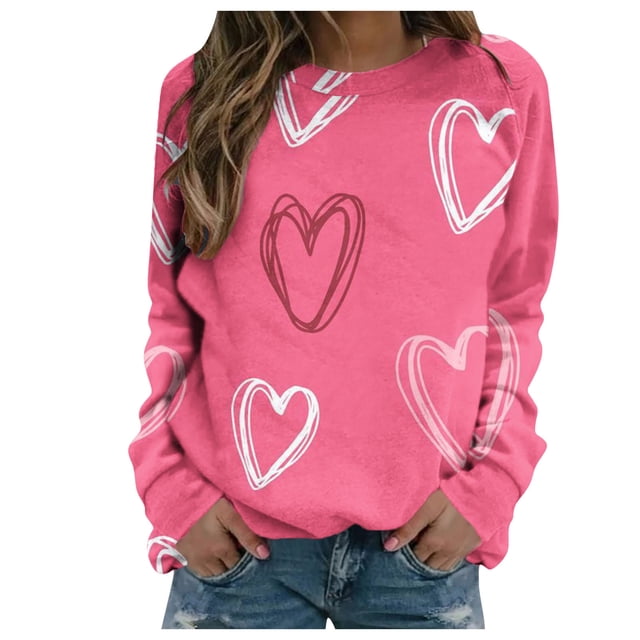 Chandail Mince Imprimé Décontracté pour Femmes de la Saint-Valentin à Manches Longues à Col Rond/chemise