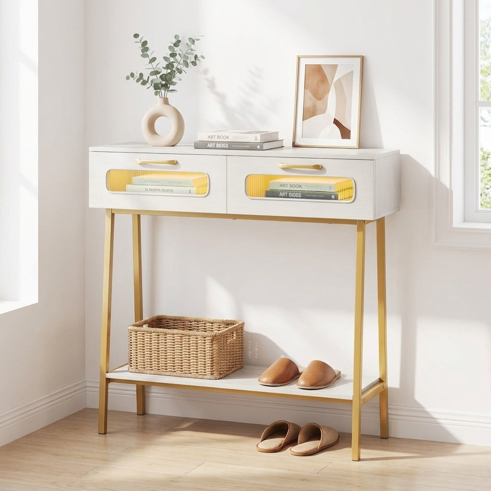 Furnibear Console Table with LED Lights and Open Shelf Entryway Table with 2 Drawers for Living Room Hallway Entrance Sofa, White